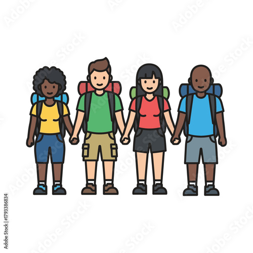 Four people holding hands wearing backpacks ready for hiking or camping.
