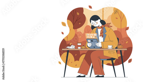 Autumn blues woman sadly scrolls social media on a transparent tablet outdoors