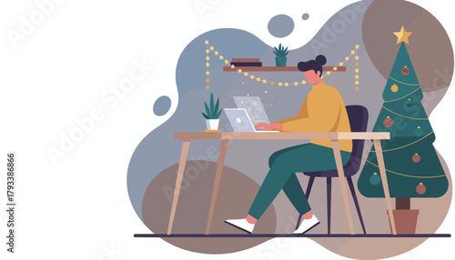 Digital worker using laptop in a cozy home office decorated for Christmas holidays
