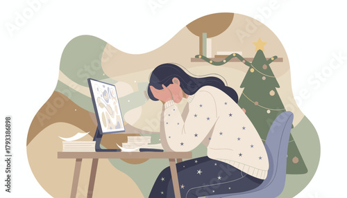 Festive burnout Woman stressed by work and deadlines during the Christmas holiday season