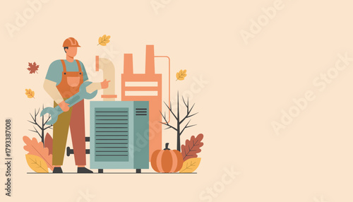 Professional HVAC technician repairing industrial heating system during autumn maintenance in flat design
