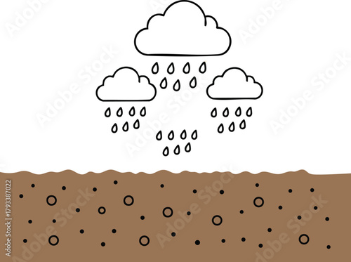 Rain clouds watering soil for plant growth vector illustration in simple style 