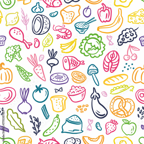 Vector seamless pattern from healthy food collection, hand drawn in doodle style