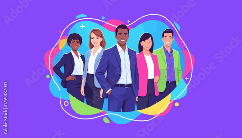 Successful diverse business team illustration smiling confidently on a vibrant background
