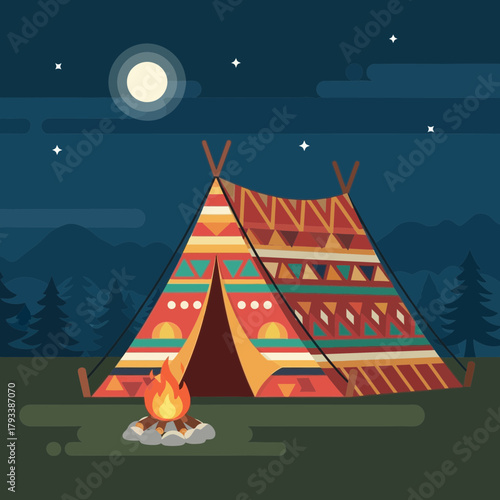 A decorated tent sits near a campfire under a moonlit night sky.