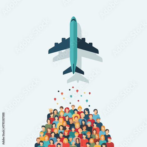 An airplane flies above a crowd of people with colorful dots rising.