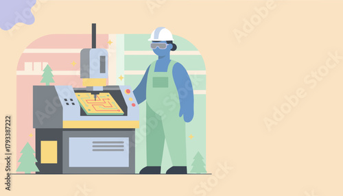 Worker operates automated CNC machine milling electronic circuit board for technology production
