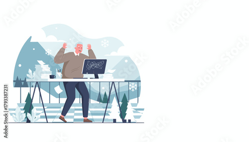 Senior man overwhelmed by excessive workload and stress during winter deadlines at his chaotic office desk