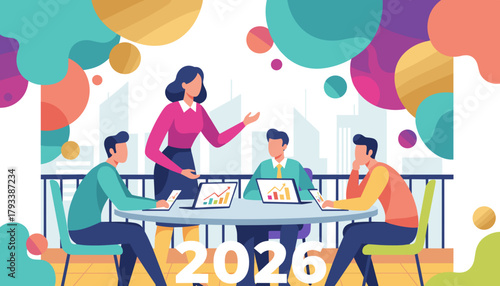 Professional business team strategy meeting with 2026 goals in a modern city setting
