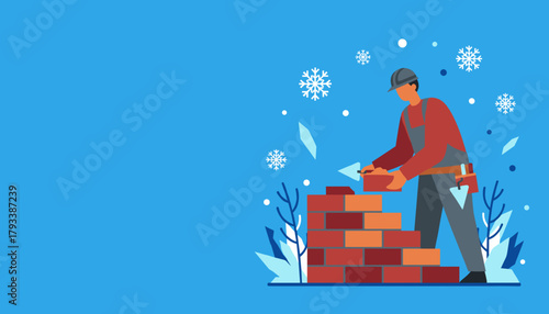 Bricklayer building a wall in winter Worker construction and cold weather job illustration