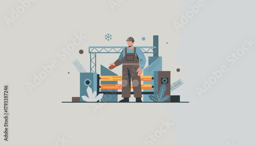 Professional construction worker in overalls standing by factory equipment