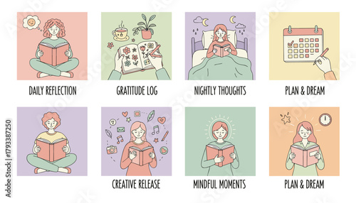 Daily routine icons Selfcare mental wellness reading planning and mindfulness activities