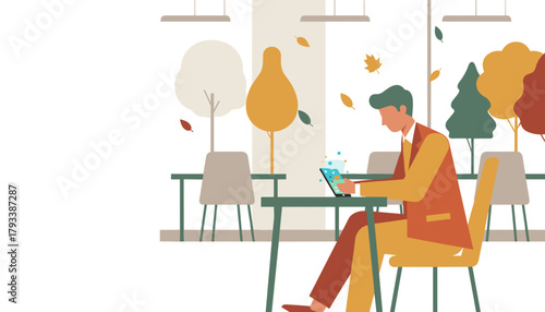 Professional man works on a digital tablet at a cafe terrace with autumn foliage illustration