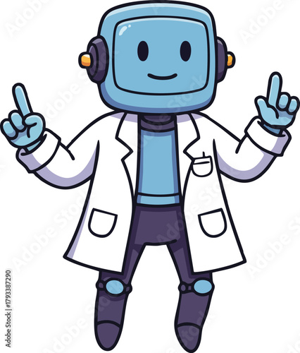 Friendly robot character in lab coat with smiling screen face pointing fingers up vector illustration 