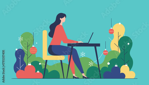 Professional woman working remotely on laptop in a stylized festive holiday environment