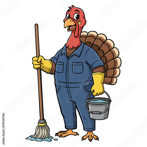 Cartoon turkey janitor mascot with mop and bucket for cleaning service.