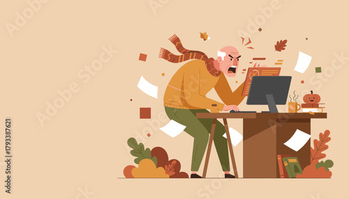 Frustrated senior man screams at his computer overwhelmed by technology issues and work stress