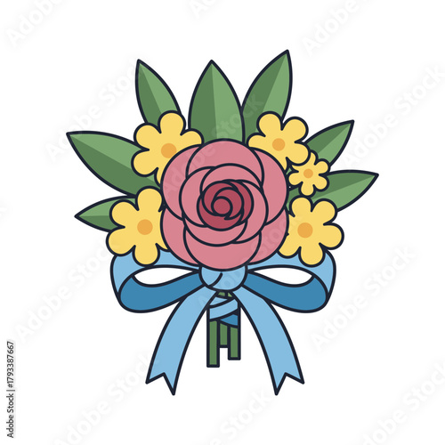 A bouquet featuring a rose yellow flowers green leaves and a blue ribbon.
