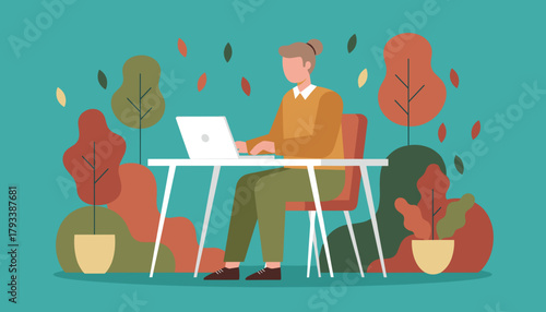 Fall remote work Person typing on laptop in a stylized natureoffice setting
