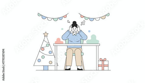 Overwhelmed woman sits at desk during holidays suffering from Christmas stress or burnout