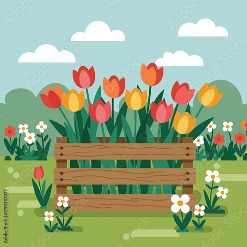 Colorful tulip flowers in wooden planter box in spring garden with green grass and blue sky background vector illustration 