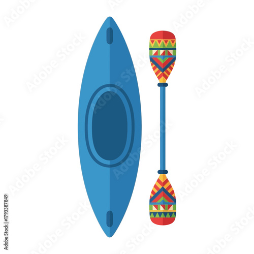 A blue kayak and a paddle are displayed.