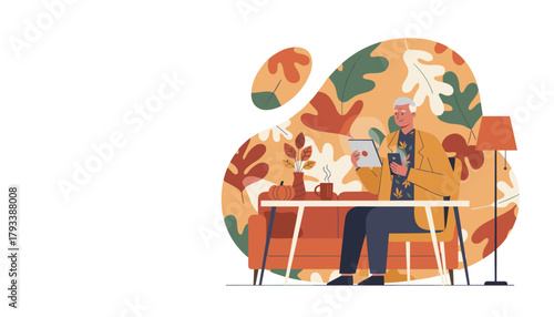Happy senior man using tablet and smartphone at home during fall season Cozy autumn technology lifestyle
