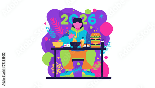 Vibrant 2026 concept illustration of a person eating mixed cuisine ramen sushi burger
