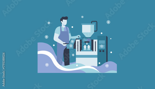 Worker operating winter manufacturing machine for coldchain production