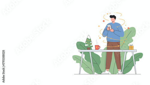 Holiday connectivity Man checking phone near festive decor and plants