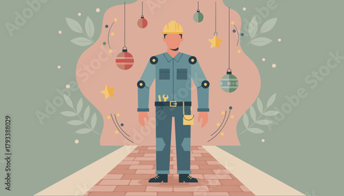Industrial worker standing amongst festive Christmas holiday ornaments Seasonal labor