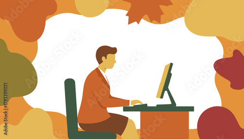 Professional working on a computer framed by abstract autumn colors Seasonal business illustration