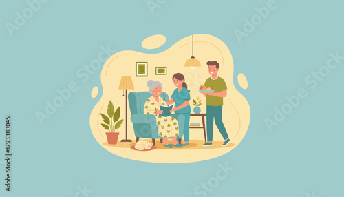 Happy senior woman receiving attentive home care from nurse and family in a comfortable living room