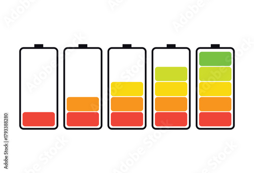 Battery charge level indicator set showing different stages of charging vector illustration isolated on white background