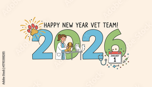 Veterinarian celebrates Happy New Year 2026 with pet dog cat and medical supplies