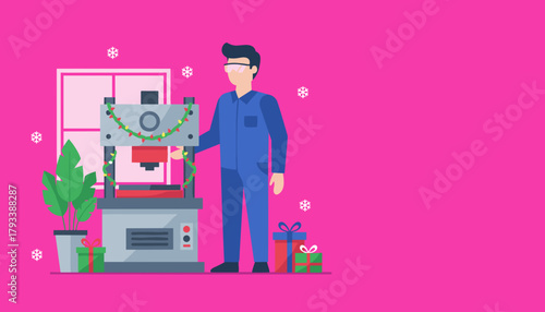 Factory worker decorating machinery with Christmas lights Industrial workplace holiday celebration