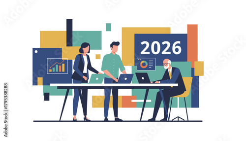 Business team analyzing data and planning strategy for the 2026 financial year