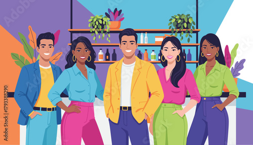 Happy diverse business team standing in a vibrant modern cafe or coworking space