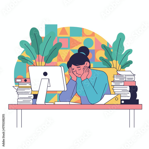 Stressed woman suffering from work burnout overwhelmed by paperwork and office deadlines