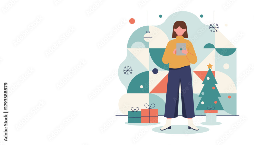 Fototapeta premium Woman using tablet for Christmas shopping or virtual holiday greetings next to tree and gifts