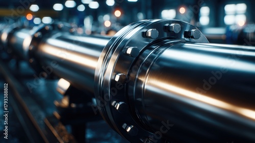 Shiny metal pipe with bolts in an industrial setting, highlighting manufacturing and engineering concepts.