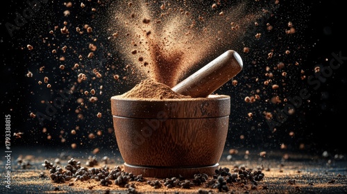 Fototapeta Naklejka Na Ścianę i Meble -  Clove spice scatter ground powder exploding upward from wooden mortar with pestle creating billowing cloud against black background dramatic backlighting texture movement