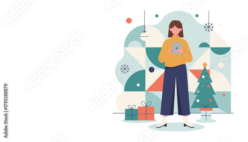 Woman using tablet for Christmas shopping or virtual holiday greetings next to tree and gifts