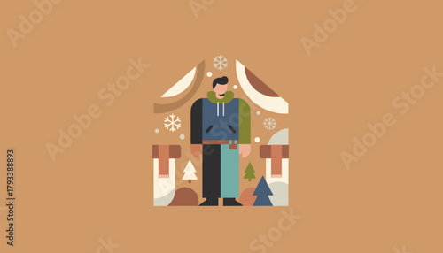 Minimalist illustration of a man in a warm jacket winter season nature backdrop