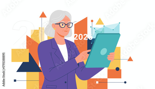 Senior manager analyzing 2026 financial forecast and growth data on a tablet