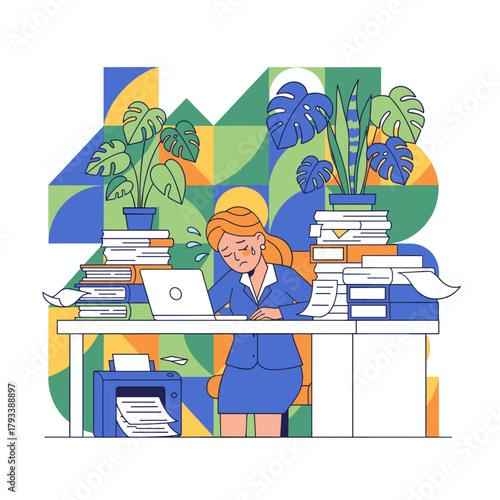 Overworked businesswoman crying at her desk overwhelmed by paperwork and deadlines Business burnout concept