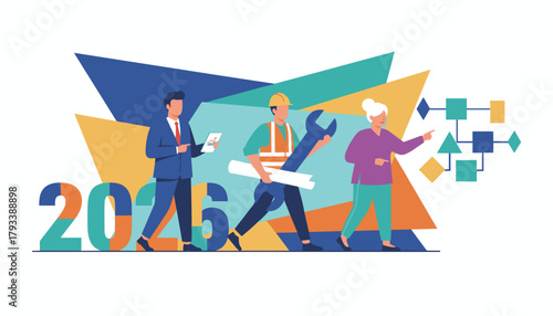 Diverse team planning business strategy for 2026 Management labor and innovation collaboration