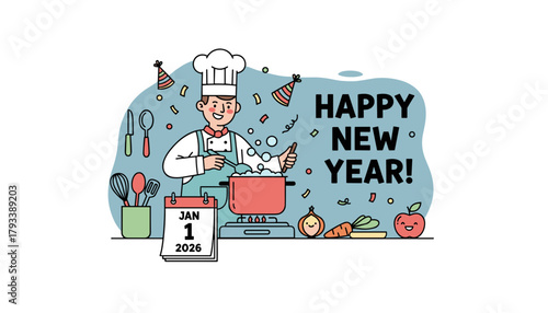 Happy New Year Smiling chef cooking a celebratory meal on January 1st Holiday food preparation