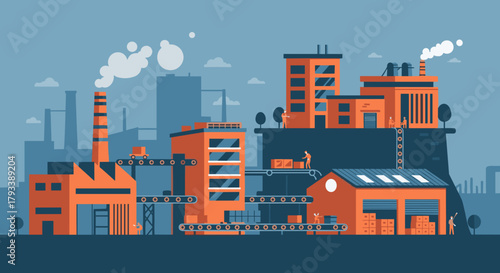 Manufacturing industry illustration workers conveyor belts and factory buildings in flat design