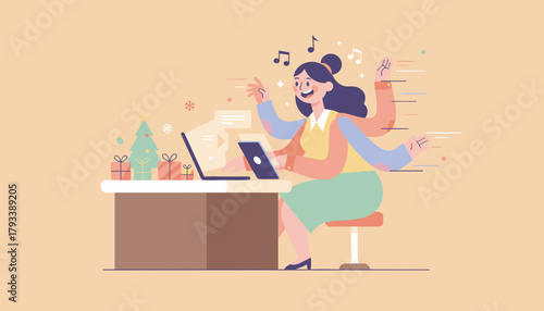 Efficient woman multitasking with multiple arms at her office desk during the busy holiday season